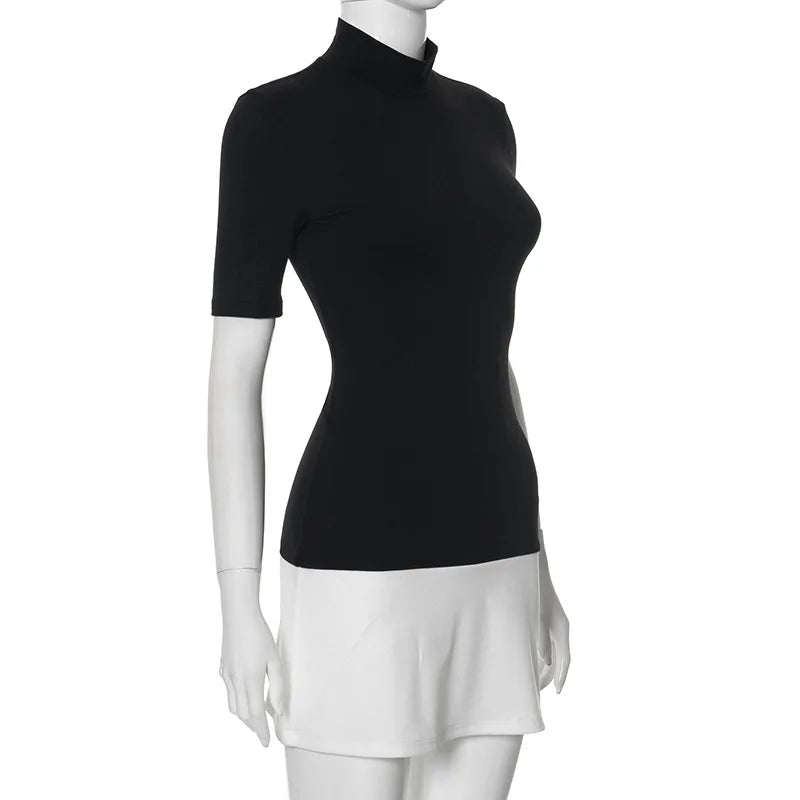 TARUXY Contrast Color Slim Mini Dress Female High Waist Splice Sexy Party Dress Half Turtleneck Women's Elegant 2024 Autumn New