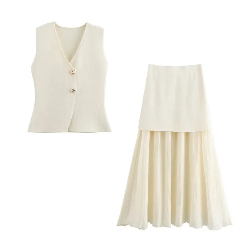 Talenza Women 2 Piece Set V-Neck Sleeveless Button Knitted Vest Top+Elegant Splicing High Waist Zipper Long Skirts Holiday Suits
