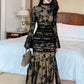 French Elegant Prom Dresses Woman Retro Black Perspective Elastic Mesh Folds Wrap Hip Slit Fishtail Robe Female Party Vestidos
