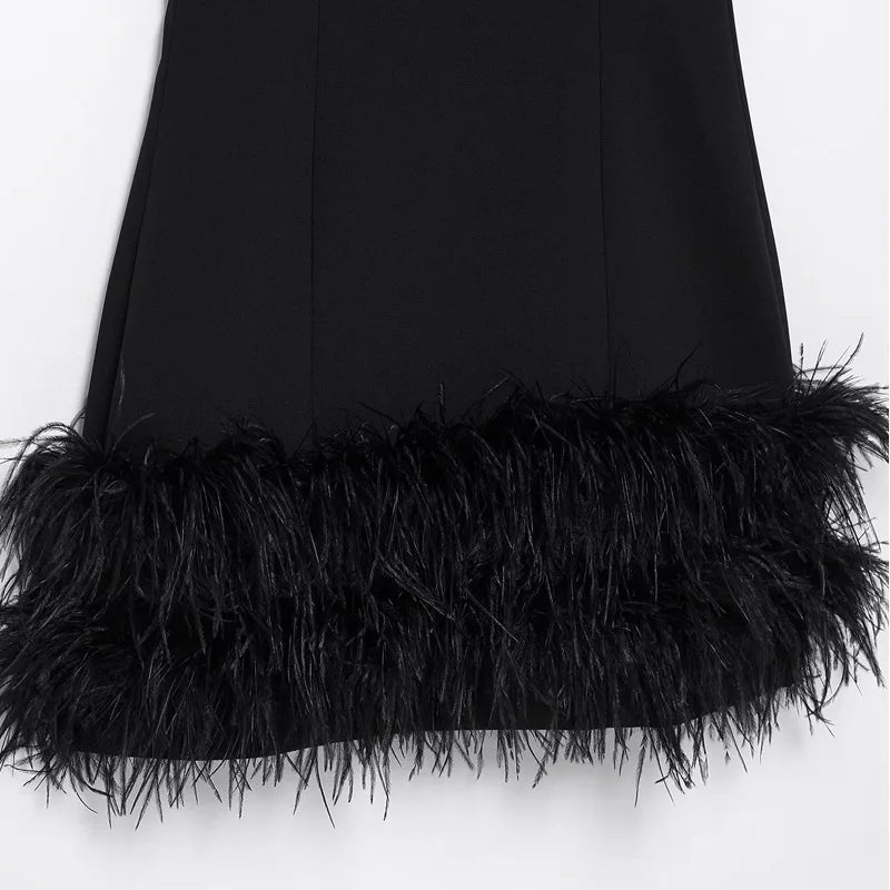 TRAF Women's Dress Feathers Sleeveless Mini Dress Elegant Black Short Dresses Bodycon Party Dresses Woman Vest Christmas Dress