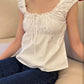 2024 New White Lace Tied Square Neck Summer T-shirts Chic Elegant Short Sleeve Tee Cotton Y2K Street Casual Bow Tie-up Top Women
