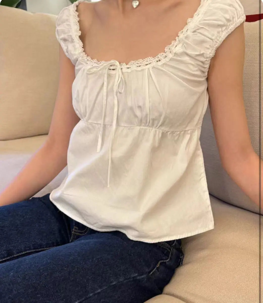 2024 New White Lace Tied Square Neck Summer T-shirts Chic Elegant Short Sleeve Tee Cotton Y2K Street Casual Bow Tie-up Top Women