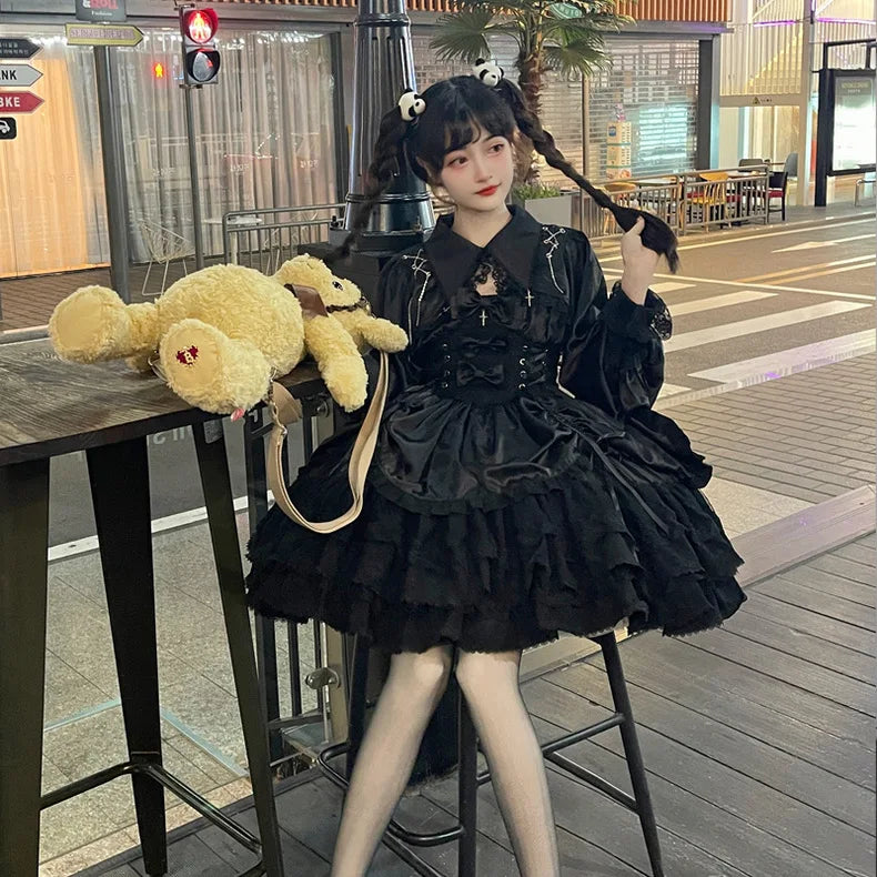 Japanese Lolita Dark Gothic Style JSK Lace Stitching Bow Lace-up V-neck Sleeveless High Waist Hot Sweet Black Cake Dress Women