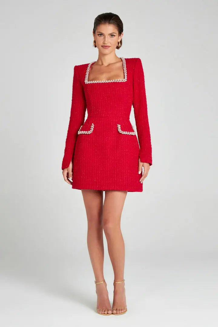 Talenza Long Sleeve Tweed Dress Women's Elegant Square Neck Luxury Party Evening Gown Retro Slim Patchwork Short Dress Vestido