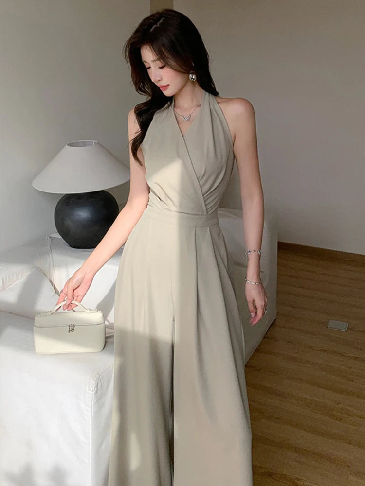 Fashion Elegant Women's Maxi Jumpsuits Style Formal Casual Hatler Bandage Bow Backless Long Pants Party Mujer Loose Rompers Lady