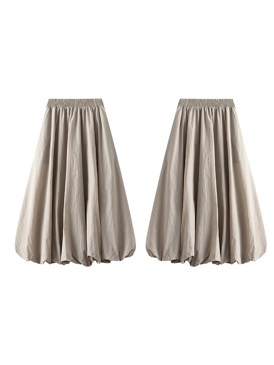 Combhasaki Women's Elegant Elastic High Waist Solid Color A-Line Pleated Puffball Hem Casual Flowy Balloon Bud Midi Skirts