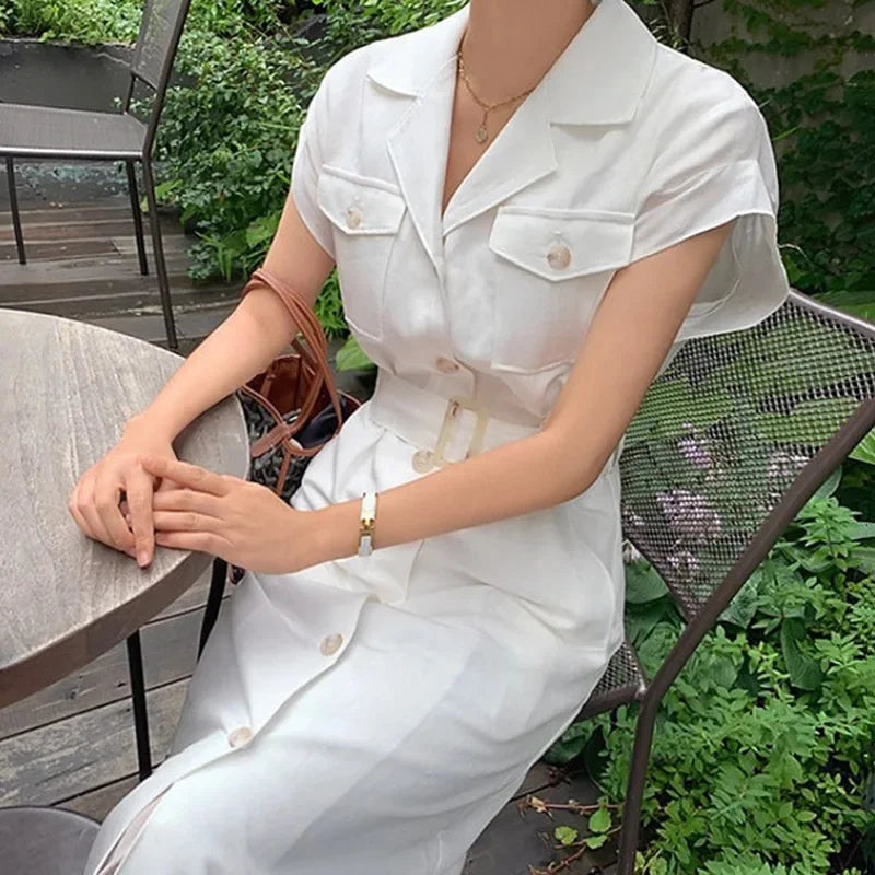 Korean Chic Retro Stand Collar Multi-Pocket Design Ring Buckle Waist Cinching Short Sleeve Dress with Belt Women's Dress
