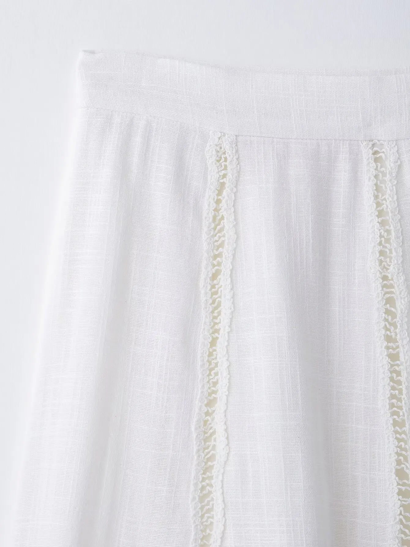 TRAFZA Women Fashion O-Neck Crocheting Details White Skirt Suit Short-sleeve Blouse+Side Zipper White Pleated Midi Se Long Skirt