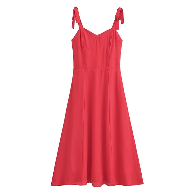 French Red Holiday Party Sling Summer Dress For Women Bow Shoulder A-line Slim Midi Chiffon Dresses