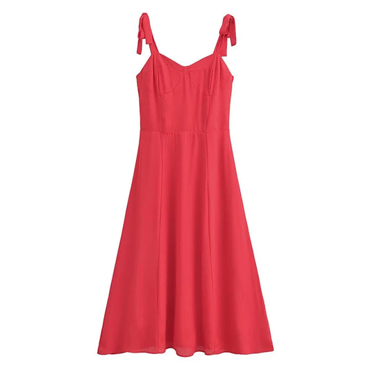 French Red Holiday Party Sling Summer Dress For Women Bow Shoulder A-line Slim Midi Chiffon Dresses
