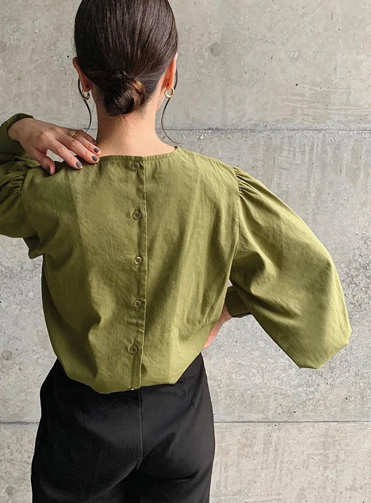Japan Style Office Lady Elegant Vintage Blouse Women O-neck Loose Lantern Sleeve Shirts Solid All-amtch Blusas Autumn Ladies Top