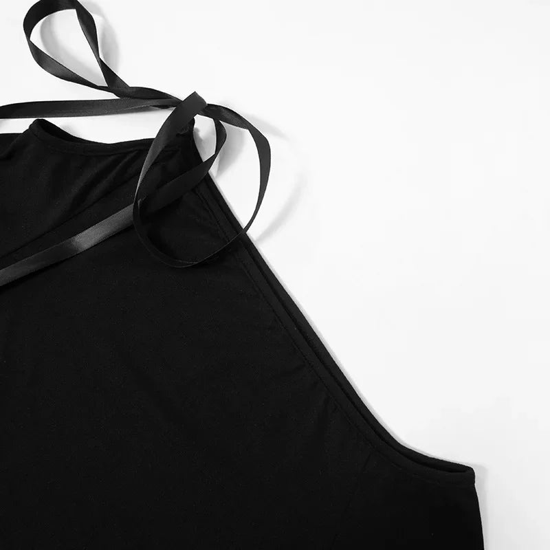 Black Dress For Women Streetwear Lace-up Inclined Collar Hot Vestidos Elegantes Para Mujer Long Sleeve Asymmetrical Y2k Clothes