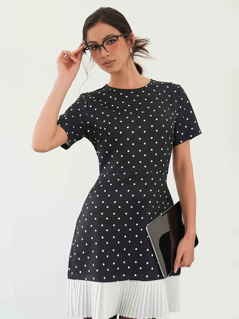 Elegant Retro Black Polka Dot Dress Women Office Style Sexy Short Summer Dresses Short Sleeve Polka Dot Beach Dress Women 2025