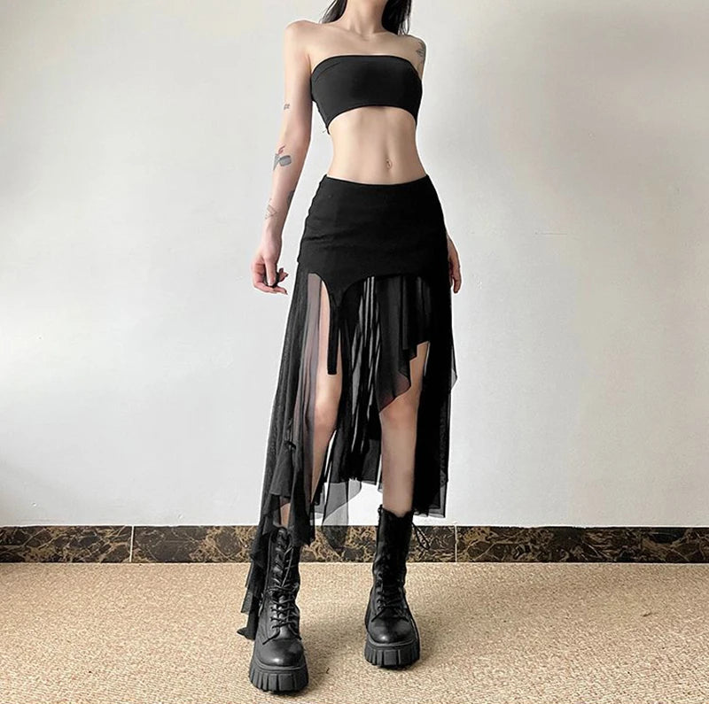 Zoki Sexy Irregular Y2K Skirts Women Vintage American High Waist Slim Slit Long Skirt Casual Lady Streetwear Retro Summer Skirts