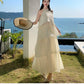 Vintage Women Beige Elegant Off Shoulder Evening Party Dress Summer Sleeveless Vacation Pleated Halter Cake Long Sundress Simple