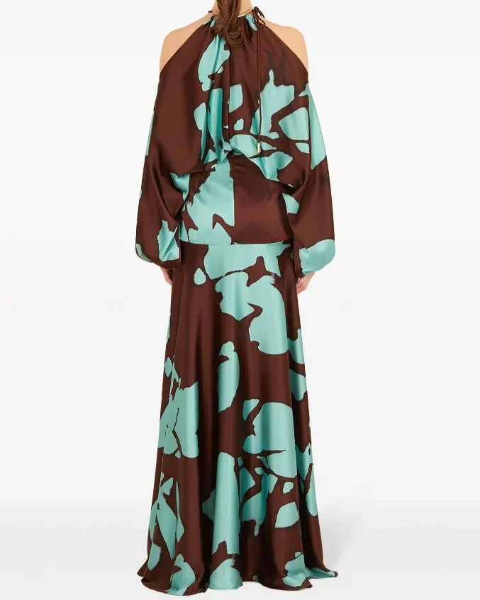 Evening Dresses  Vacation Style Elegant Socialite Printed Off Shoulder Slit Dress