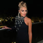 Fashion Women Celebrity Sexy Single Sleeve Rhinestone Black Maxi Long Bodycon Bandage Dress Elegant Evening Club Party Dress
