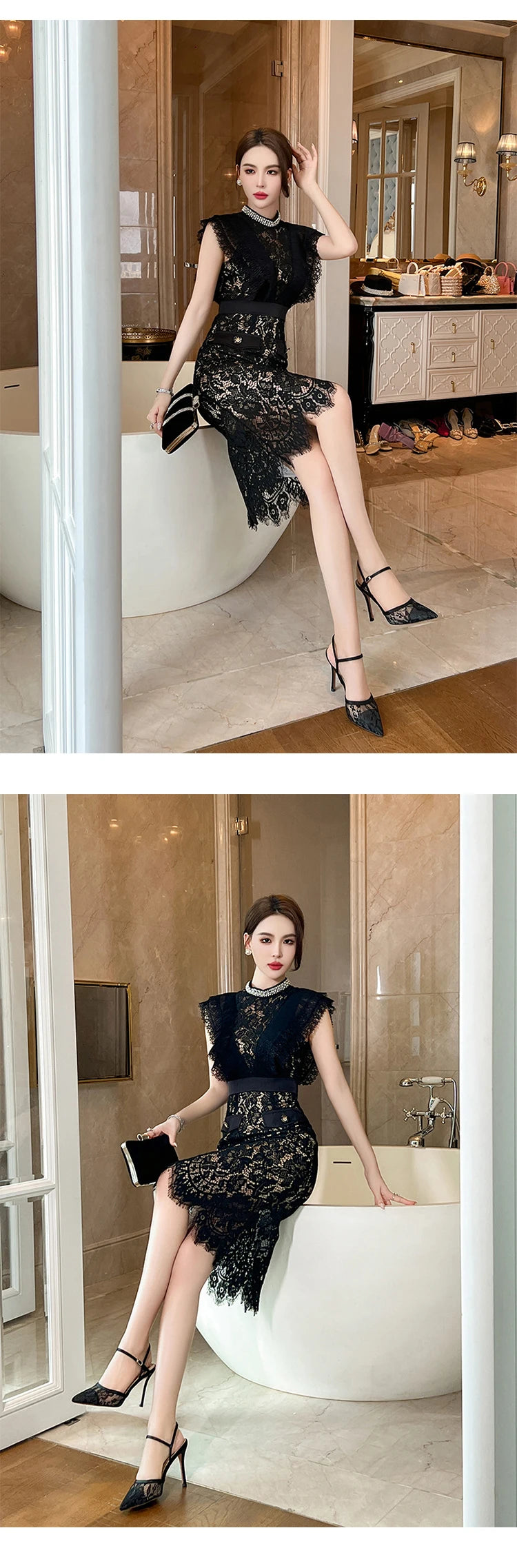 Women's French Noble Elegant Prom Dresses Black Lace Sheer Perspective Diamond High Waist Fishtail Robe Party Banquet Vestidos