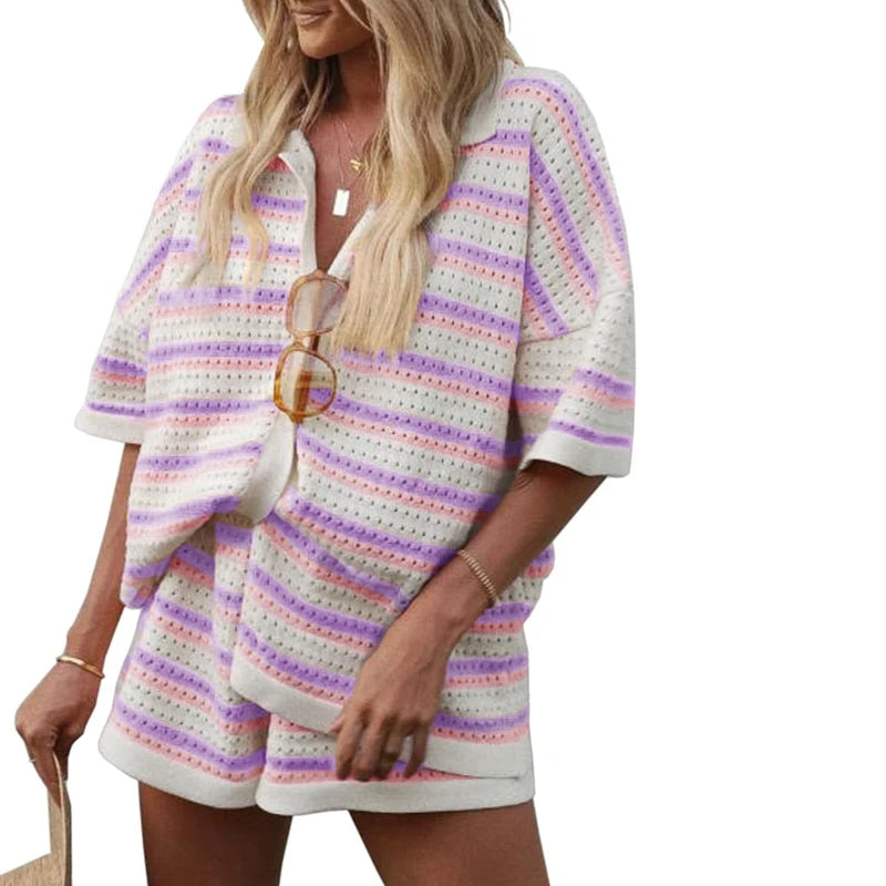 Women Casual 2 Pieces Set Loungewear Matching Suits Stripe Contrast Color Button Crochet Knit Blouse Tops + Shorts Outfits