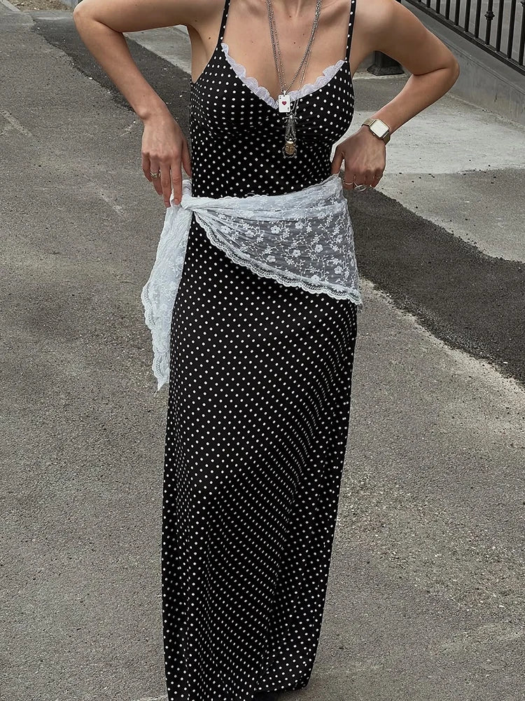 Talenza Black Lace Long Dress Women Fashion Polka Dot Printed Sleeveless Halter Dress Summer Sexy High Waist Party Evening Dress