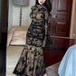 French Elegant Prom Dresses Woman Retro Black Perspective Elastic Mesh Folds Wrap Hip Slit Fishtail Robe Female Party Vestidos