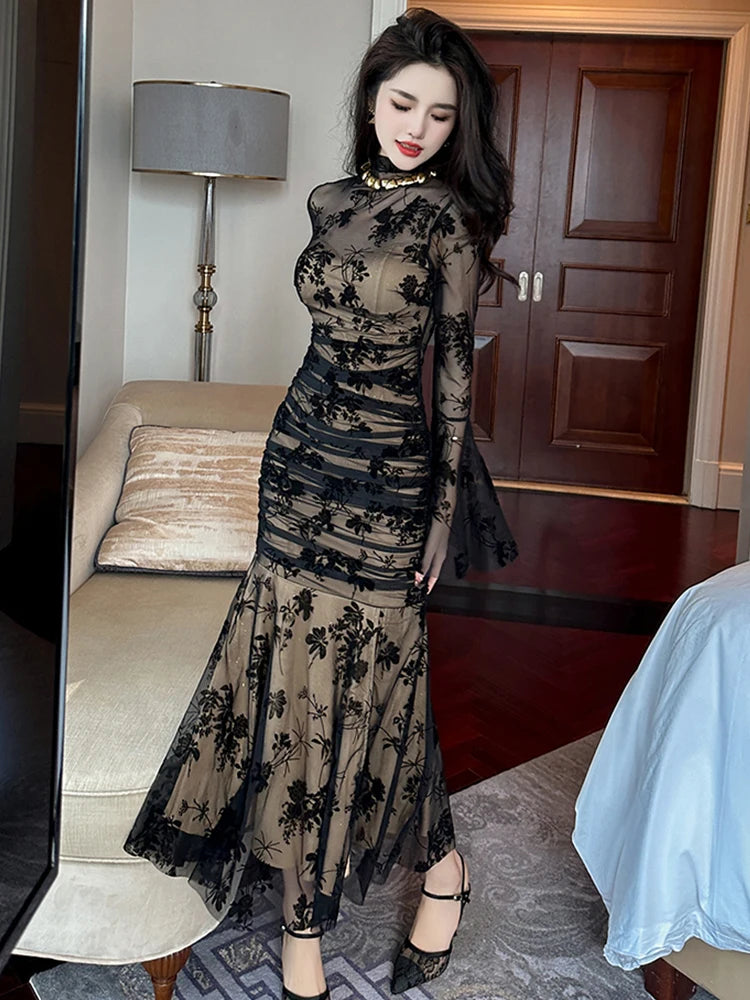 French Elegant Prom Dresses Woman Retro Black Perspective Elastic Mesh Folds Wrap Hip Slit Fishtail Robe Female Party Vestidos