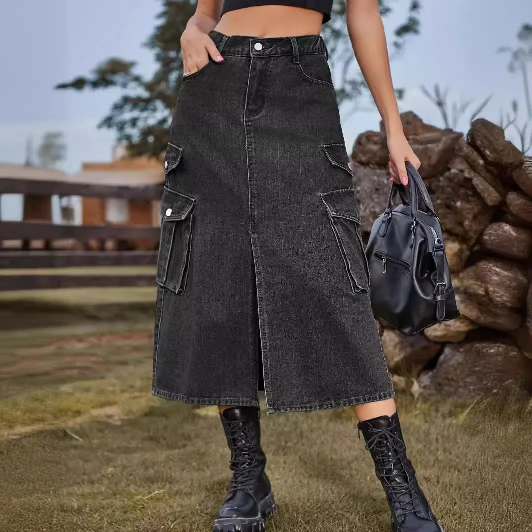 American Style Elastic Waist Denim Workwear Casual Long Dress Skirt New Arrival Women's Clothing European And American Crossbody