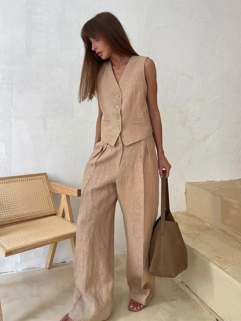 Cotton Linen Blend Vest Wide Leg Pants Suit Spring and Summer Women's Casual Fashion Sleeveless Vest Pleated Low Waist Pants Set