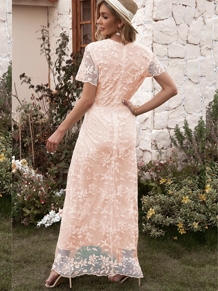Embroidery Boho Long Dress Women Elegant Hollow Out Lace Holiday Beach Dress Female Fashion V Neck Short Sleeve Maxi Dress 2023