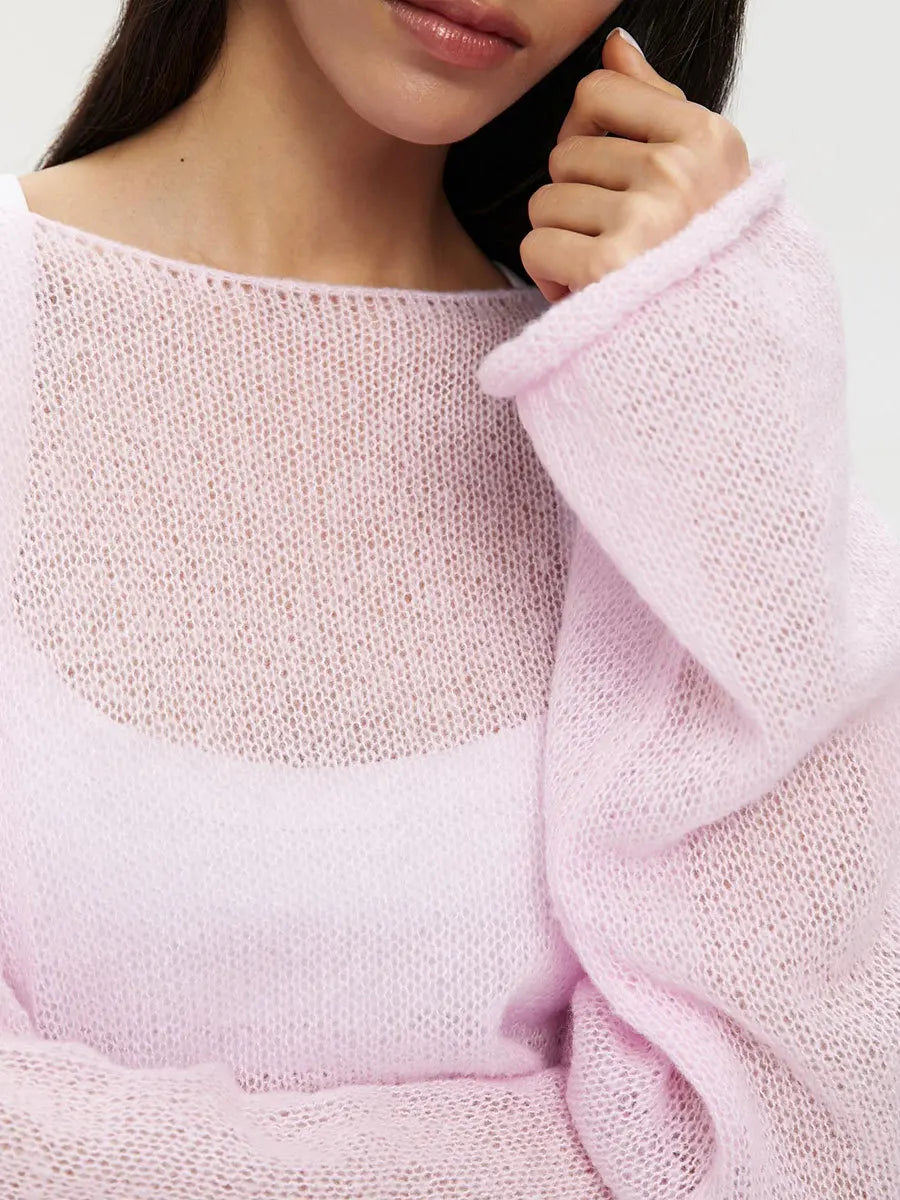 Original Fashion Hollow Out Knit Shirt Spring And Summer Women's Perspective Thin O-Neck Loose Elastic Long Sleeve Knit T-shirt