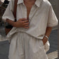 Women Casual Striped Cotton Linen Loose Shirt Shorts Suits Fashion Lapel Half Sleeves Elastic Waisted Shorts Summer Lady Outfits