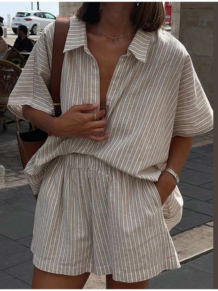 Women Casual Striped Cotton Linen Loose Shirt Shorts Suits Fashion Lapel Half Sleeves Elastic Waisted Shorts Summer Lady Outfits