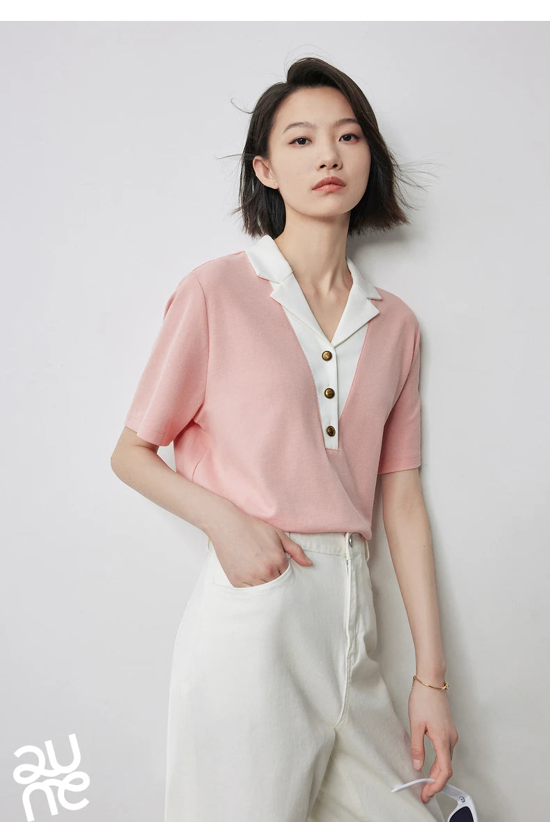 TOYOUTH Women Contrasting Colors POLO Collar T-shirt 2025 Summer New Short Sleeved Top