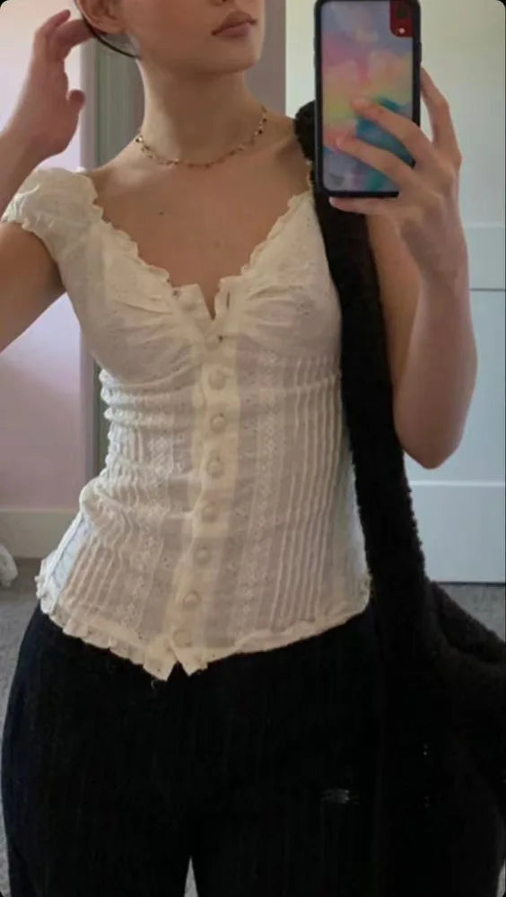 2024 New White Lace Tied Square Neck Summer T-shirts Chic Elegant Short Sleeve Tee Cotton Y2K Street Casual Bow Tie-up Top Women