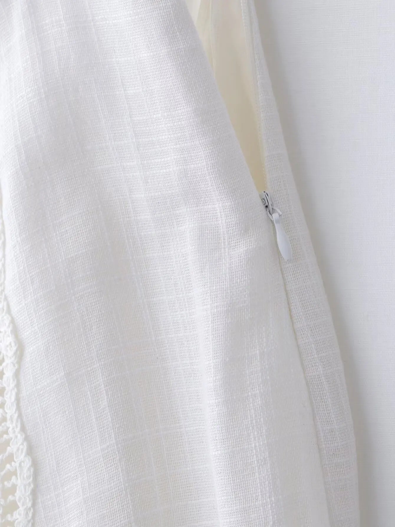 TRAFZA Women Fashion O-Neck Crocheting Details White Skirt Suit Short-sleeve Blouse+Side Zipper White Pleated Midi Se Long Skirt