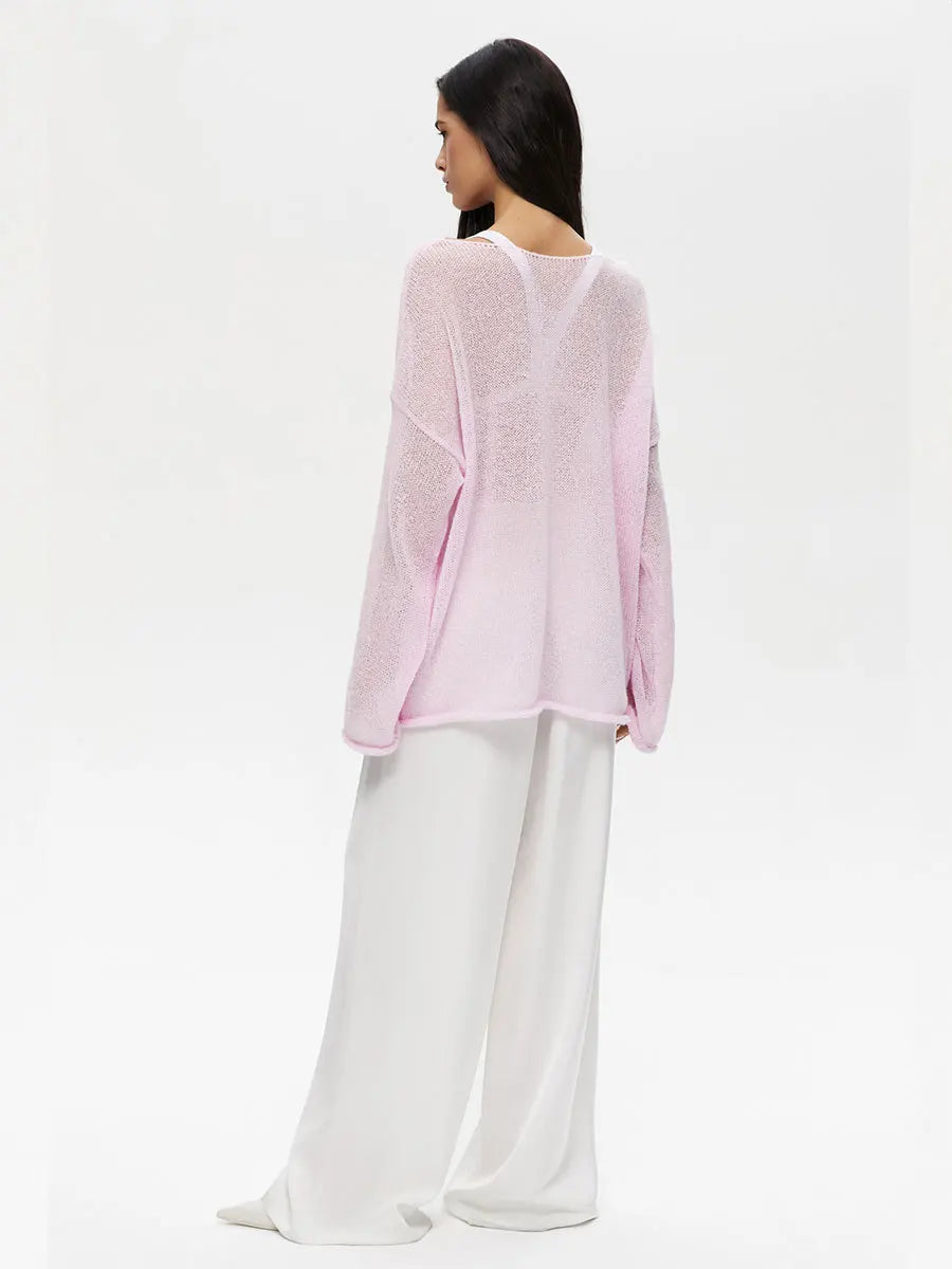 Original Fashion Hollow Out Knit Shirt Spring And Summer Women's Perspective Thin O-Neck Loose Elastic Long Sleeve Knit T-shirt