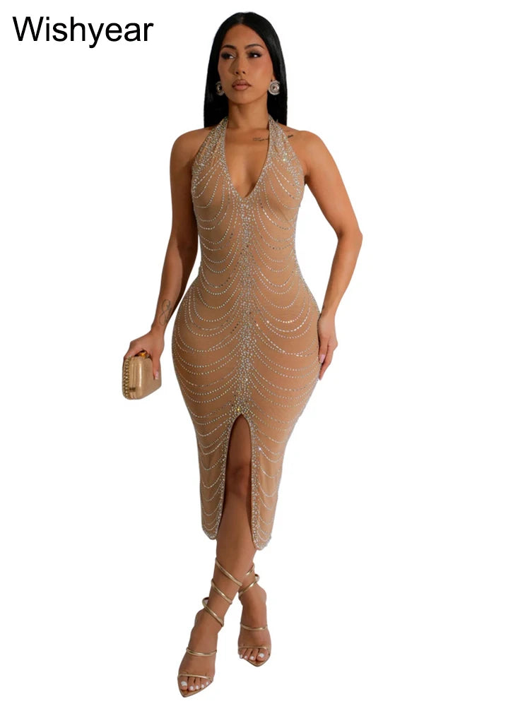 New Sexy Diamonds Halter Black Party Bodycon Midi Dress Women Sleeveless Backless Front Split Birthday Night Prom Club Vestidos