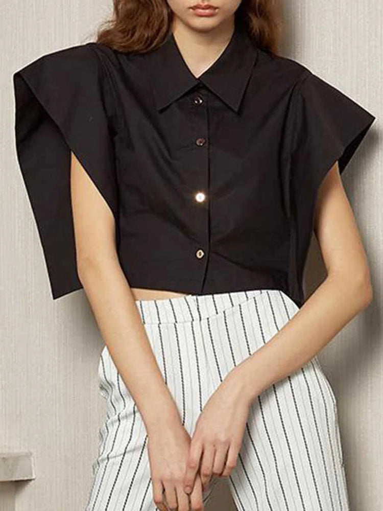 TWOTWINSTYLE Solid Patchwork Button Shirts For Women Lapel Batwing Sleeve Short Length Slim Blouse Female Fashion Clothing New