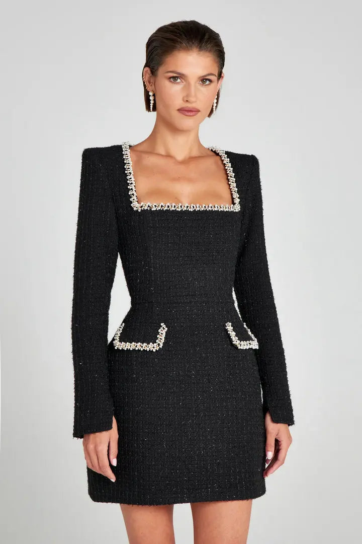 Talenza Long Sleeve Tweed Dress Women's Elegant Square Neck Luxury Party Evening Gown Retro Slim Patchwork Short Dress Vestido