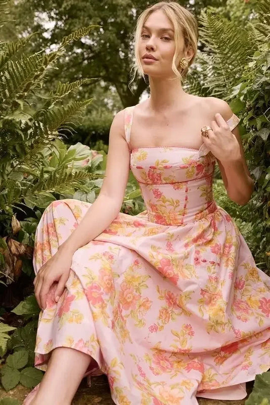 SAW Independent Station Pure Desire Square Collar Dress with Pocket Pink Print Ribbon Corduroy Sleeveless Women's Dress