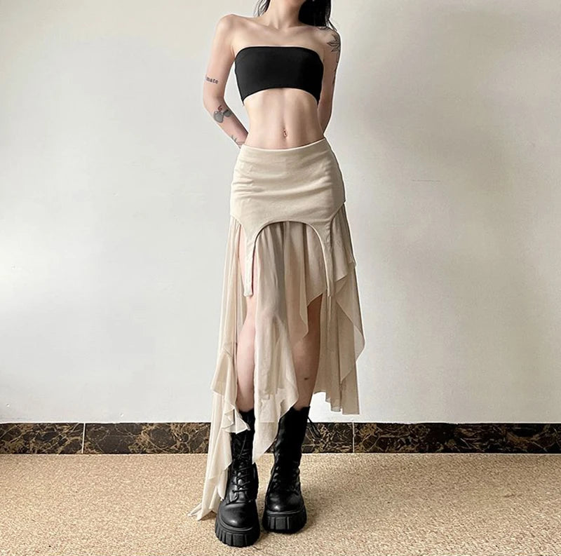 Zoki Sexy Irregular Y2K Skirts Women Vintage American High Waist Slim Slit Long Skirt Casual Lady Streetwear Retro Summer Skirts