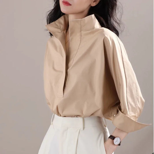 Fashion Stand Collar Solid Color Korean Blouse Women's Clothing 2023 Spring New Casual Pullovers All-match Office Lady Shirt