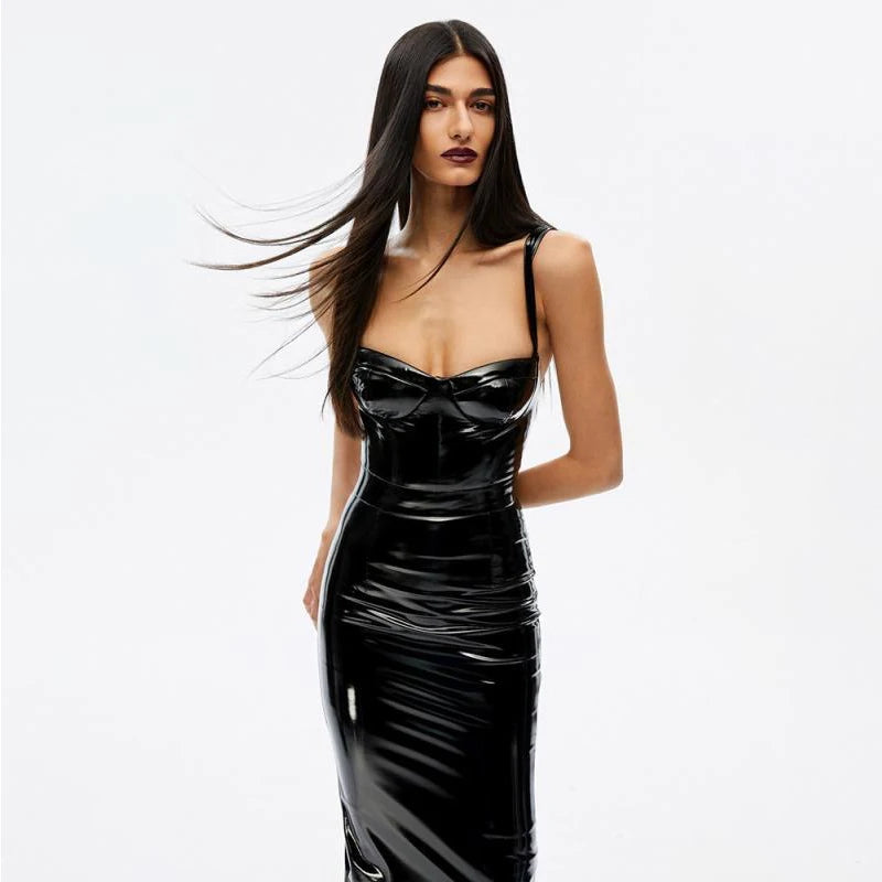 Sexy Patent Leather Spaghetti Strap Dress Women Summer Slim PU Maxi Dresses Sleeveless Backless Camisole Party Evening Dress