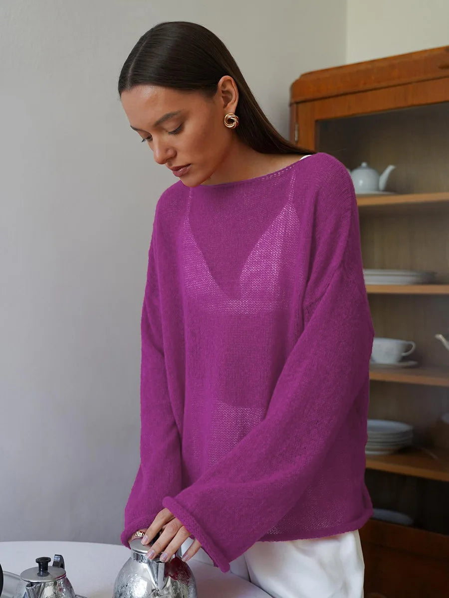 Original Fashion Hollow Out Knit Shirt Spring And Summer Women's Perspective Thin O-Neck Loose Elastic Long Sleeve Knit T-shirt