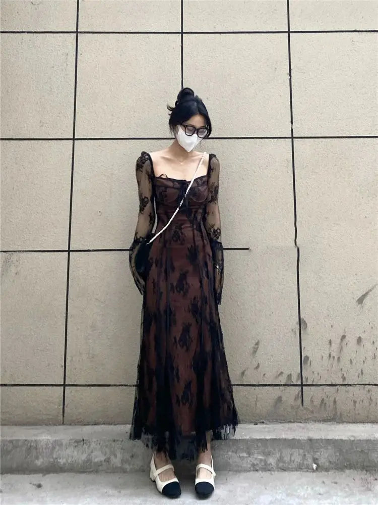 2024 Spring Vintage Lace Dress Women Casual Even Party Dress Korean Fashion Clothing Outwear Slim Bodycon Black Dress Female Y2k