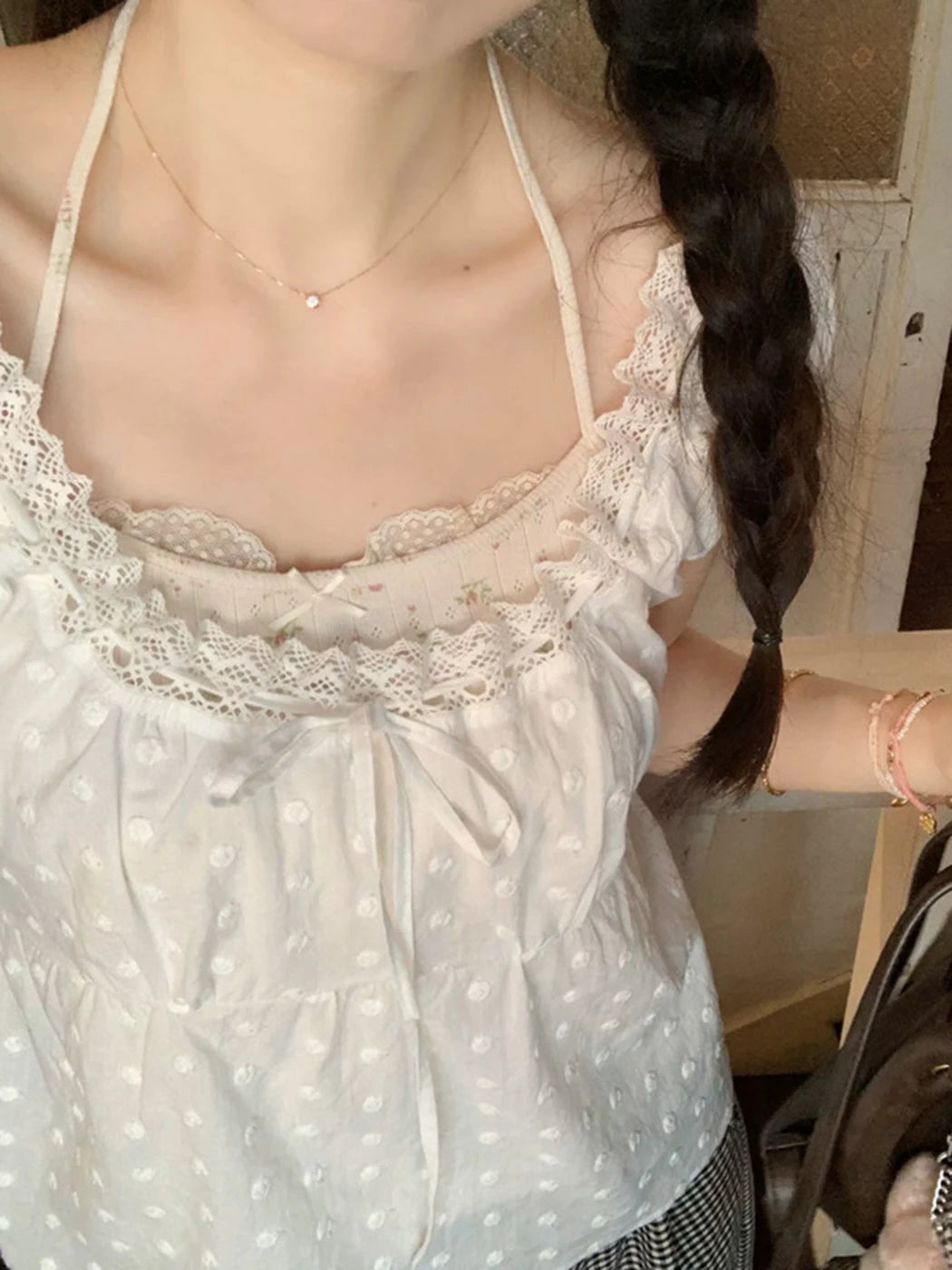2024 New White Lace Tied Square Neck Summer T-shirts Chic Elegant Short Sleeve Tee Cotton Y2K Street Casual Bow Tie-up Top Women