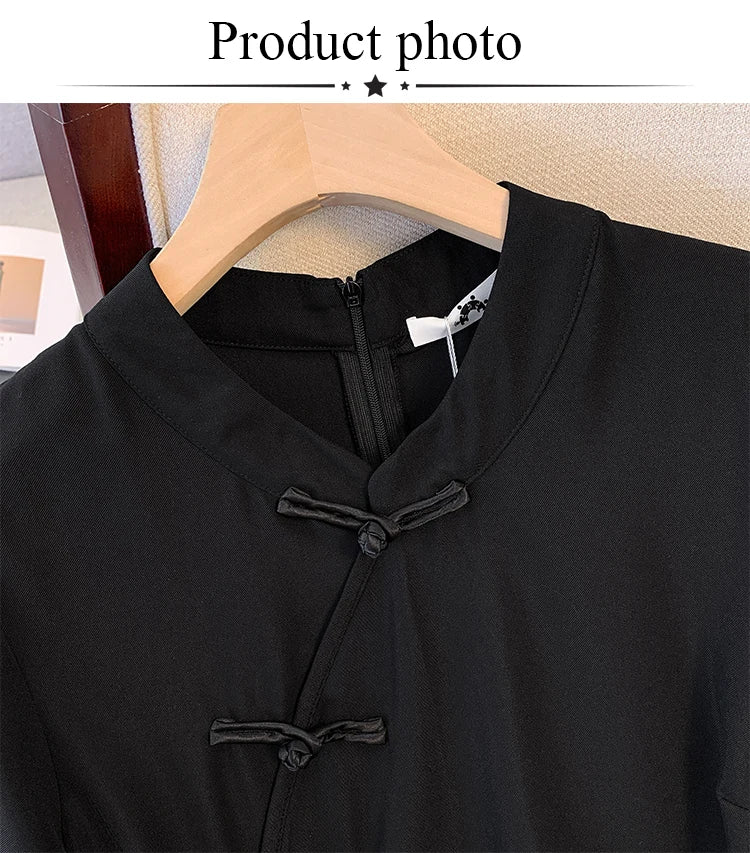 Plus size women's summer casual dress Chinese style modified cheongsam tray buckle decoration slit hem black polyester fabric