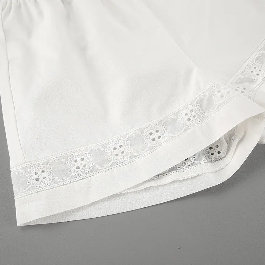 TARUXY Fashion White Cotton Linen Hollow Out Lace Up Top And Short Pants Suit Women's Loose Top Casual Splice Sets Lady Summer