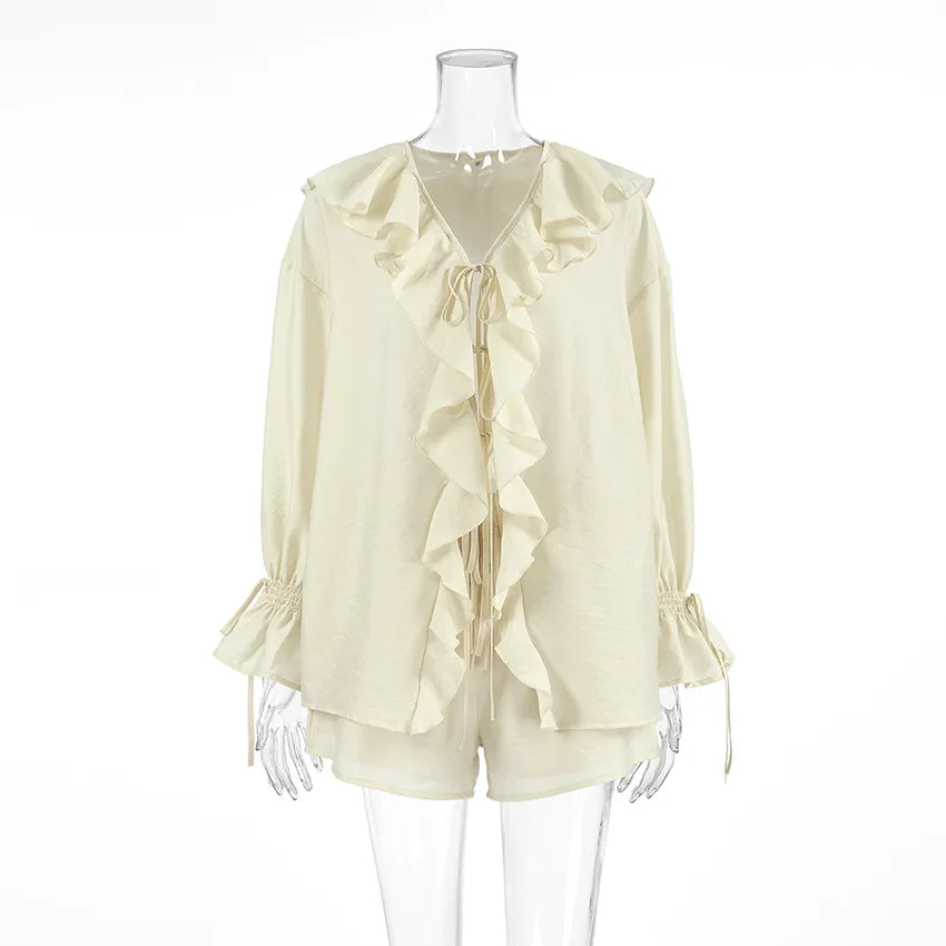 Tuularose New Casual Shorts Two-piece Set Women's Ruffled Loose Tie Top Simple Shorts Set Office Lady Summer Female Shorts Set