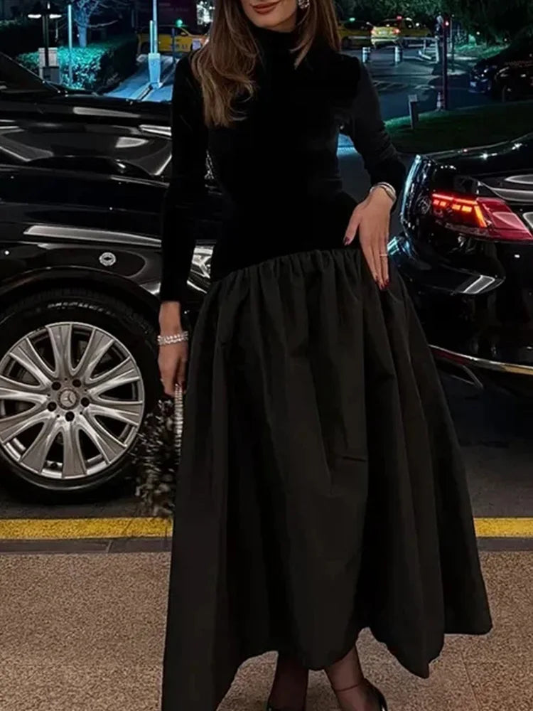 2025 New Lady Chic Party Gowns Elegant Women Velvet Long Sleeve Pleated Hem Robes Fashion Half High Collar Slim Fit Maxi Dress